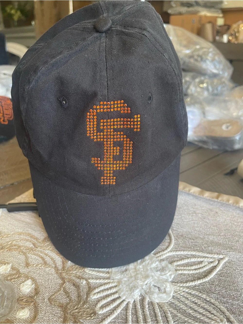 Black Baseball Cap with Orange Rhinestone SF Logo